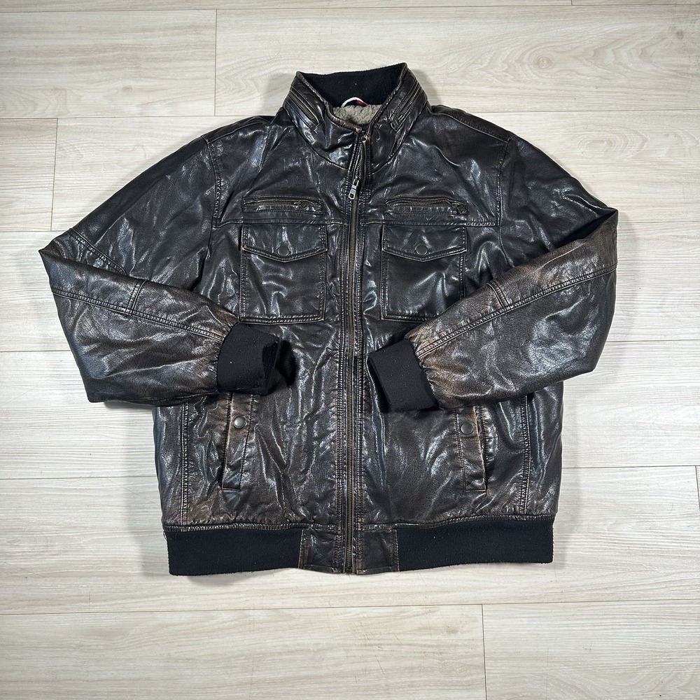 Tommy Hilfiger Brown Leather Jacket with Quilted Lining Men's Size XL X-Large